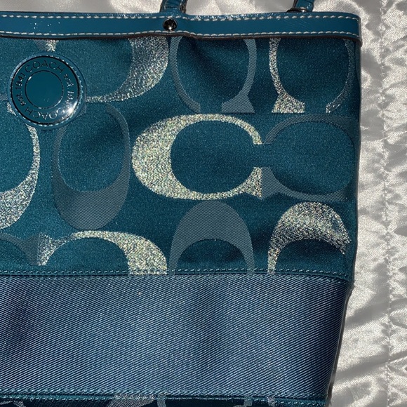 Pre loved Coach signature stripe, 3 teal metallic tote shoulder bag. - Picture 4 of 9